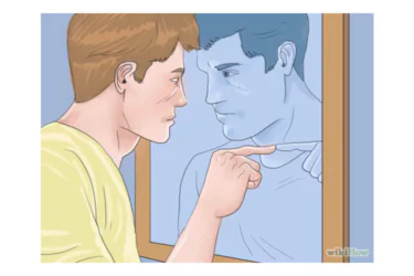 An illustrated man touches a mirror, looking at his reflection, which points back at him. Both appear serious and focused.