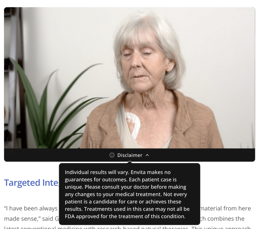 An older woman with white hair looking downward, positioned next to a plant, with a medical disclaimer box overlaid at the bottom.
