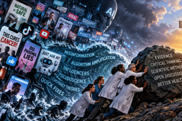 A group of scientists in lab coats push a large boulder labeled with pillars of scientific reasoning against a tide of social media icons, misinformation, and sensationalist digital content, moving toward a signpost for healthier living.
