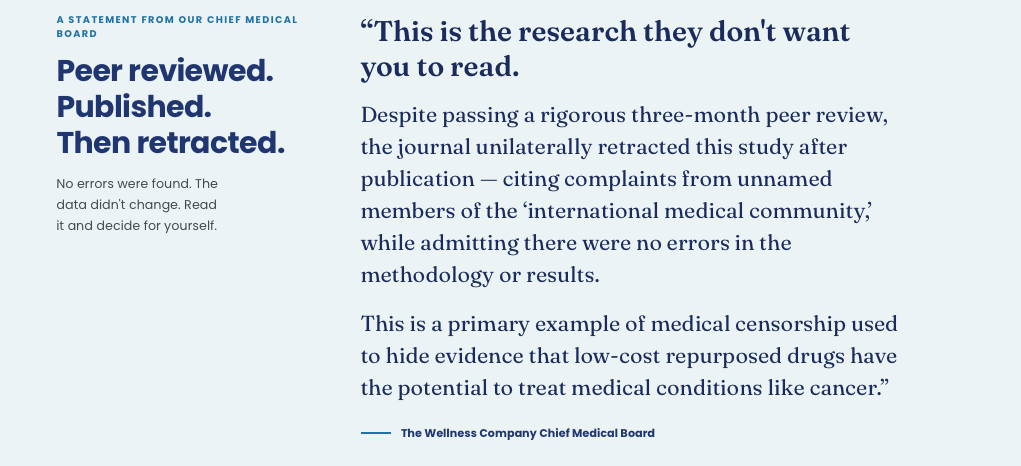 A statement from The Wellness Company Chief Medical Board titled “Peer reviewed. Published. Then retracted,” arguing that a study was unfairly retracted despite having no errors.