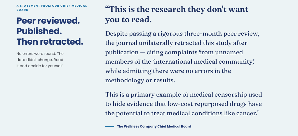A statement from The Wellness Company Chief Medical Board titled “Peer reviewed. Published. Then retracted,” arguing that a study was unfairly retracted despite having no errors.