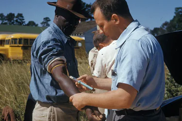 A man in a light blue shirt draws blood from the arm of a man wearing a hat, with a yellow school bus in the background.