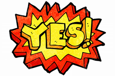 Comic-style speech bubble containing the word “YES!” in yellow block letters against a red and orange jagged background.