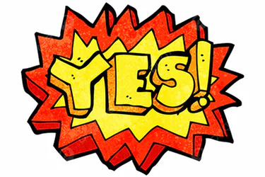 Comic-style speech bubble containing the word “YES!” in yellow block letters against a red and orange jagged background.