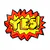 Comic-style speech bubble containing the word “YES!” in yellow block letters against a red and orange jagged background.