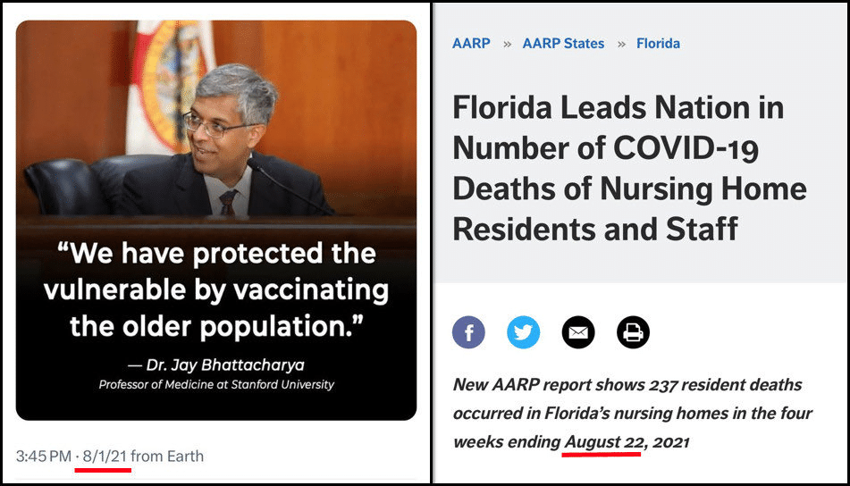 A social media post featuring a quote by Dr. Jay Bhattacharya and an AARP article headline stating Florida leads the nation in COVID-19 deaths among nursing home residents and staff.