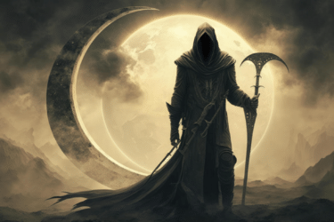 A cloaked, faceless figure holding a staff stands in a desolate landscape before a large, glowing crescent moon.