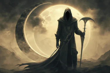 A cloaked, faceless figure holding a staff stands in a desolate landscape before a large, glowing crescent moon.