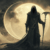A cloaked, faceless figure holding a staff stands in a desolate landscape before a large, glowing crescent moon.