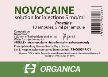 Label for Novocaine solution for injection, 5 mg/ml, containing 10 ampules, with dosage information, safety warnings, and the Organica manufacturer logo.