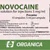 Label for Novocaine solution for injection, 5 mg/ml, containing 10 ampules, with dosage information, safety warnings, and the Organica manufacturer logo.