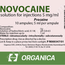 Label for Novocaine solution for injection, 5 mg/ml, containing 10 ampules, with dosage information, safety warnings, and the Organica manufacturer logo.