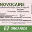 Label for Novocaine solution for injection, 5 mg/ml, containing 10 ampules, with dosage information, safety warnings, and the Organica manufacturer logo.